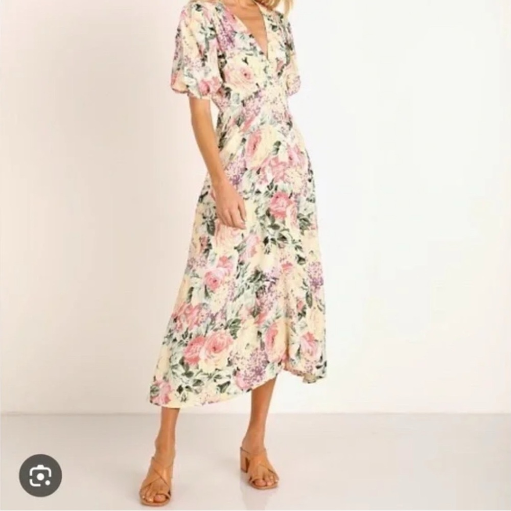 Faithfull the Brand Pink and Cream Floral Midi Dress